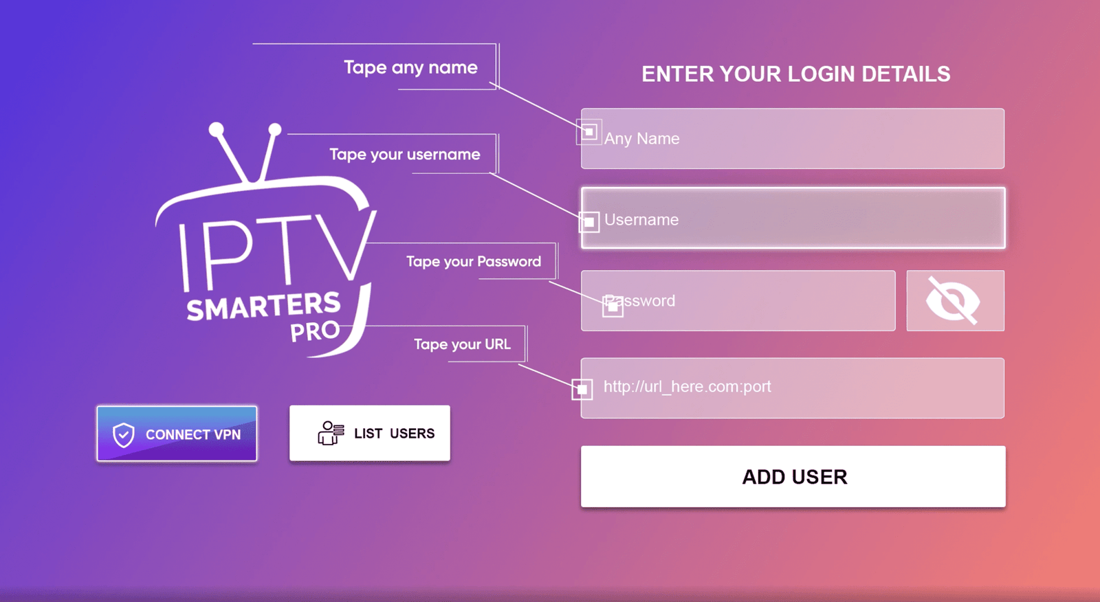 Voorbeeld van invoervelden in een IPTV-app